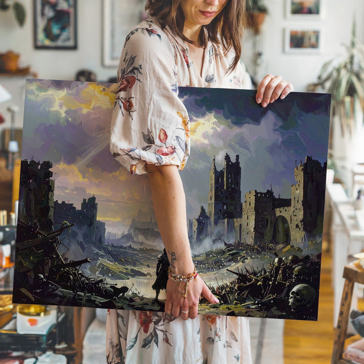 Divine Reckoning Canvas – Dark Fantasy Warrior & Ruined City Wall Art - Gifitto