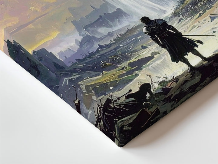Divine Reckoning Canvas – Dark Fantasy Warrior & Ruined City Wall Art - Gifitto