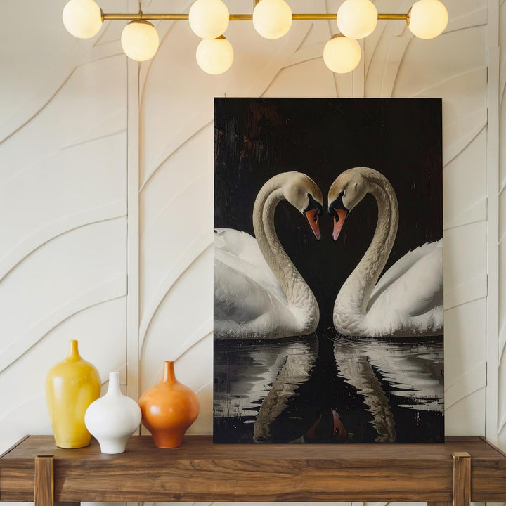 Timeless Elegance Swans Canvas – Romantic Heart-Shaped Swan Reflection Art - Gifitto