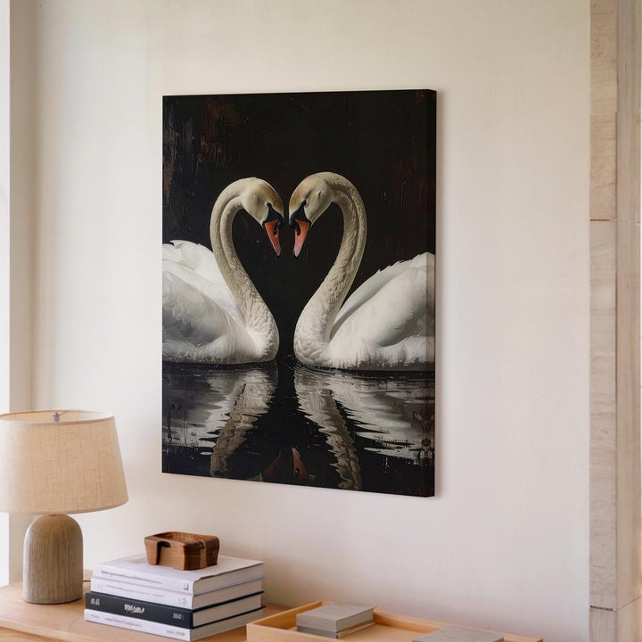Timeless Elegance Swans Canvas – Romantic Heart-Shaped Swan Reflection Art - Gifitto