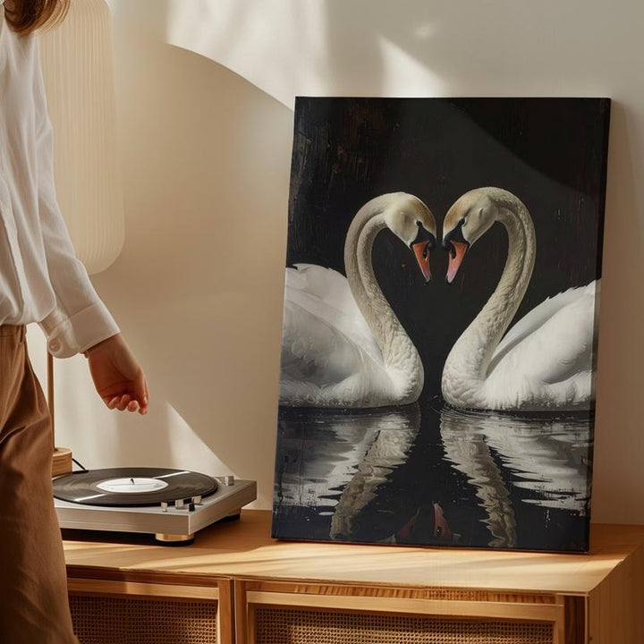 Timeless Elegance Swans Canvas – Romantic Heart-Shaped Swan Reflection Art - Gifitto