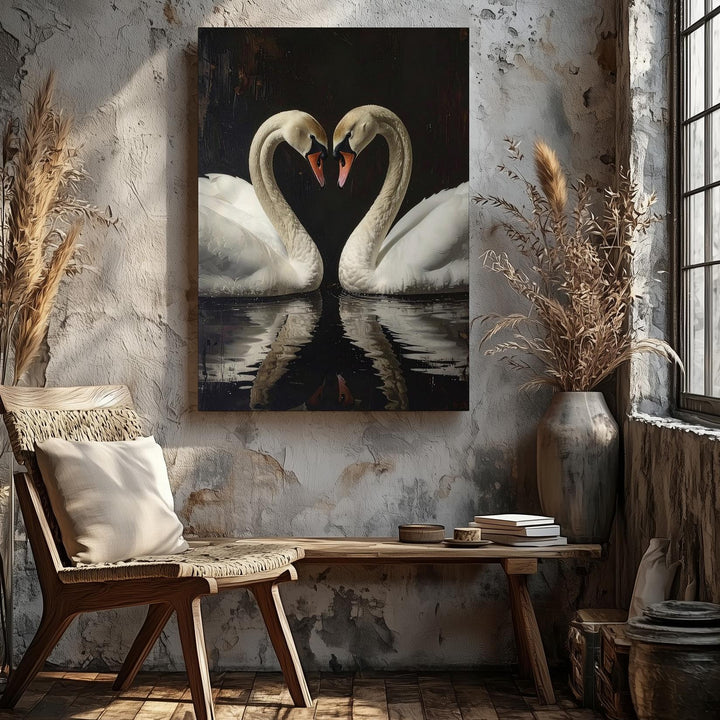 Timeless Elegance Swans Canvas – Romantic Heart-Shaped Swan Reflection Art - Gifitto