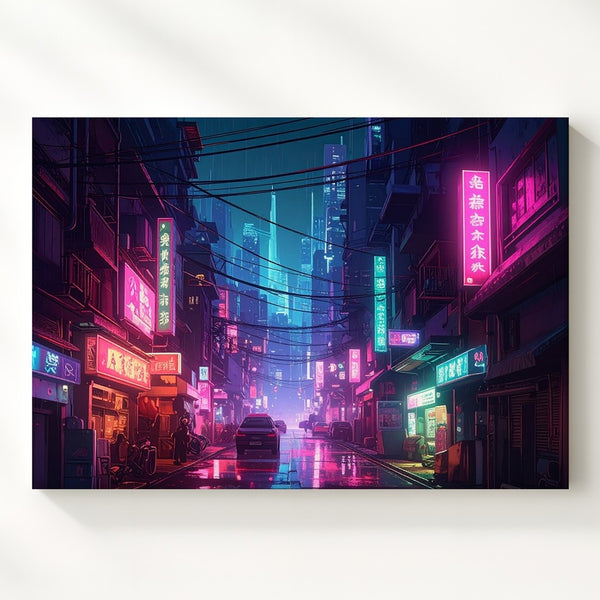 Neon Night Alley Canvas – Vibrant Asian Cyberpunk Street Scene
