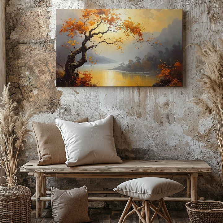 Golden Valley Tree Canvas – Panoramic Sunset Landscape Wall Art - Gifitto