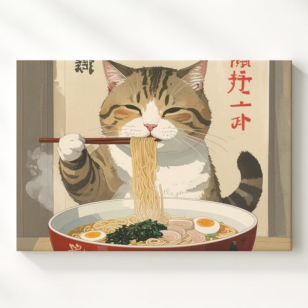 Playful Cat Eating Ramen Canvas – Japanese-Style Feline Art - Gifitto