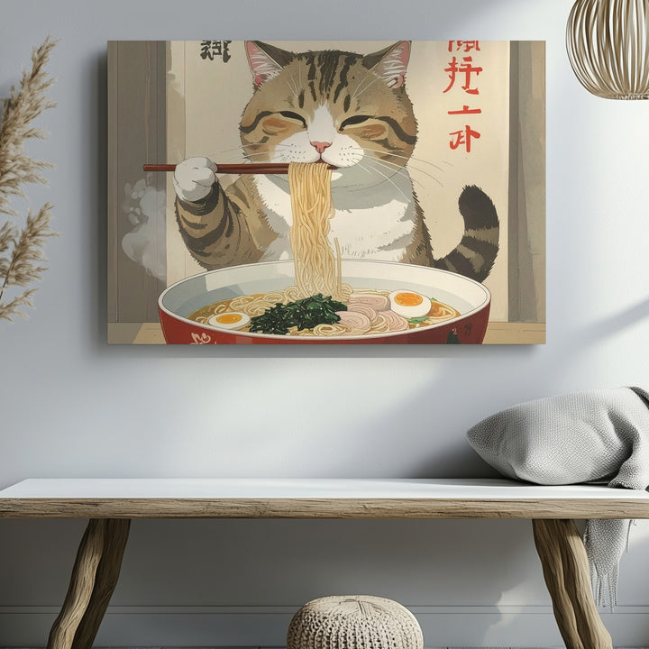 Playful Cat Eating Ramen Canvas – Japanese-Style Feline Art - Gifitto