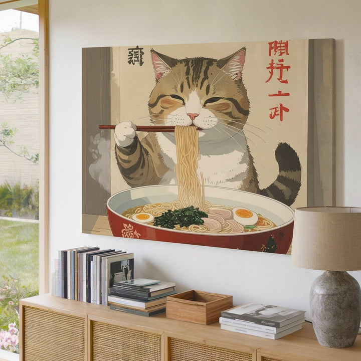Playful Cat Eating Ramen Canvas – Japanese-Style Feline Art - Gifitto