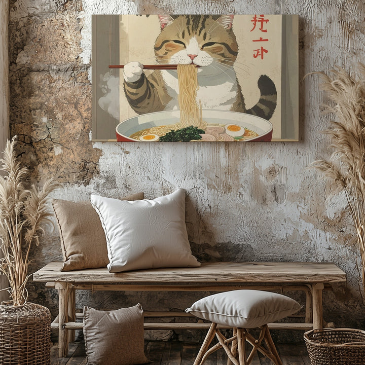 Playful Cat Eating Ramen Canvas – Japanese-Style Feline Art - Gifitto