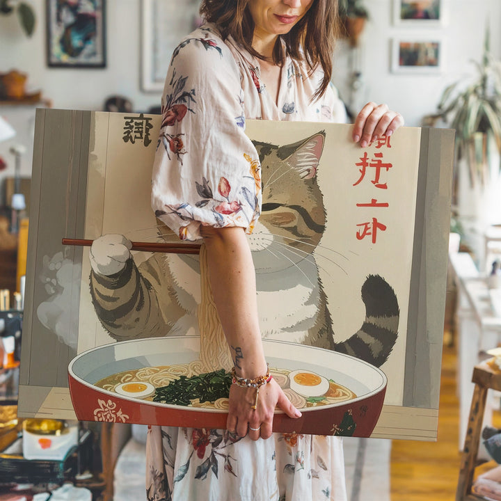 Playful Cat Eating Ramen Canvas – Japanese-Style Feline Art - Gifitto