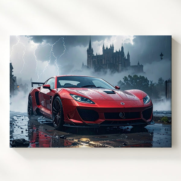 Storm Reign Canvas – Red Ferrari Under Lightning Sky by Gothic Castle - Gifitto