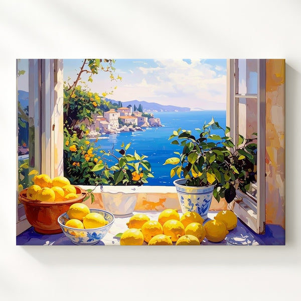 Seaside Lemon Window Canvas – Romantic Still Life with Coastal View - Gifitto
