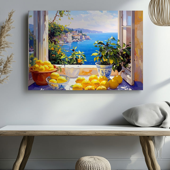 Seaside Lemon Window Canvas – Romantic Still Life with Coastal View - Gifitto