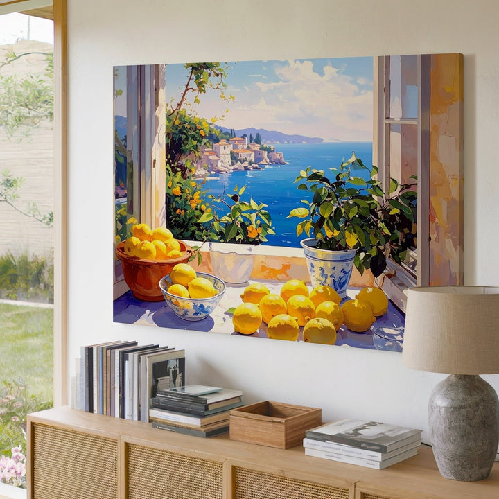 Seaside Lemon Window Canvas – Romantic Still Life with Coastal View - Gifitto