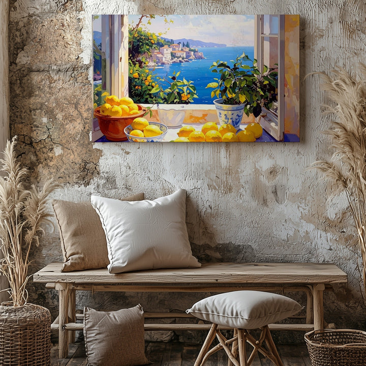 Seaside Lemon Window Canvas – Romantic Still Life with Coastal View - Gifitto