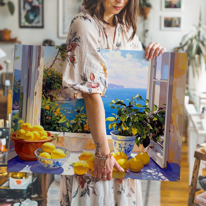 Seaside Lemon Window Canvas – Romantic Still Life with Coastal View - Gifitto