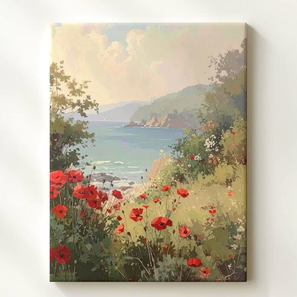 Coastal Poppy Landscape Canvas – Serene Ocean View with Vibrant Red Flowers - Gifitto