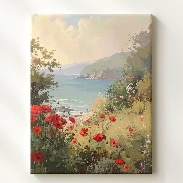 Coastal Poppy Landscape Canvas – Serene Ocean View with Vibrant Red Flowers - Gifitto