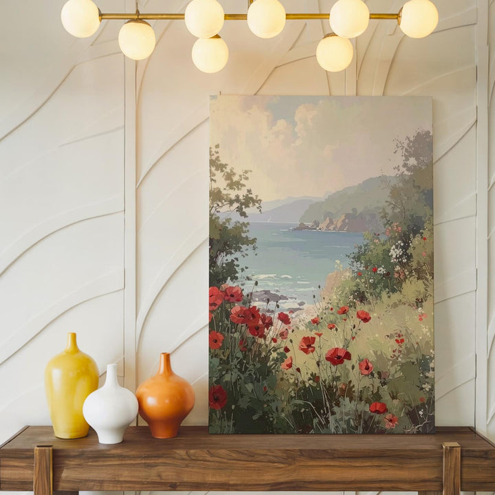 Coastal Poppy Landscape Canvas – Serene Ocean View with Vibrant Red Flowers - Gifitto