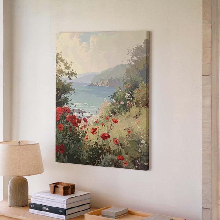 Coastal Poppy Landscape Canvas – Serene Ocean View with Vibrant Red Flowers - Gifitto