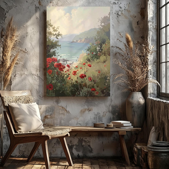 Coastal Poppy Landscape Canvas – Serene Ocean View with Vibrant Red Flowers - Gifitto