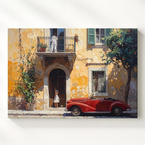 Golden Courtyard Romance Canvas – European Street Scene with Red Convertible - Gifitto