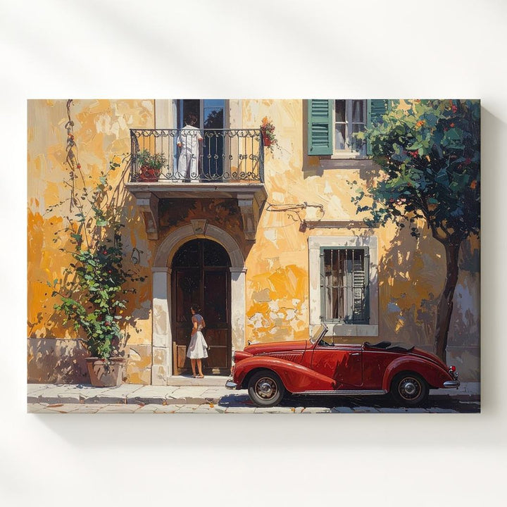 Golden Courtyard Romance Canvas – European Street Scene with Red Convertible - Gifitto