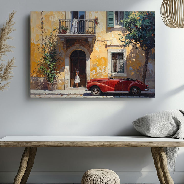 Golden Courtyard Romance Canvas – European Street Scene with Red Convertible - Gifitto