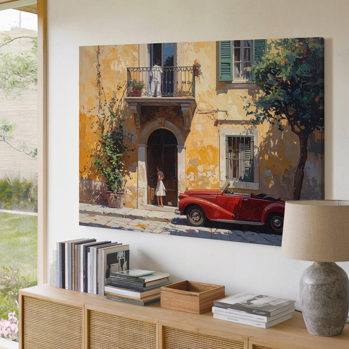 Golden Courtyard Romance Canvas – European Street Scene with Red Convertible - Gifitto