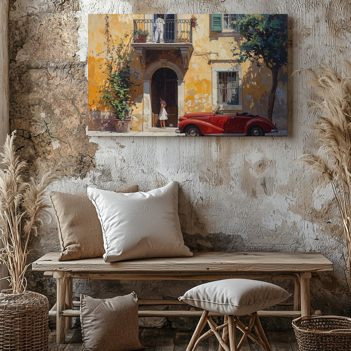 Golden Courtyard Romance Canvas – European Street Scene with Red Convertible - Gifitto