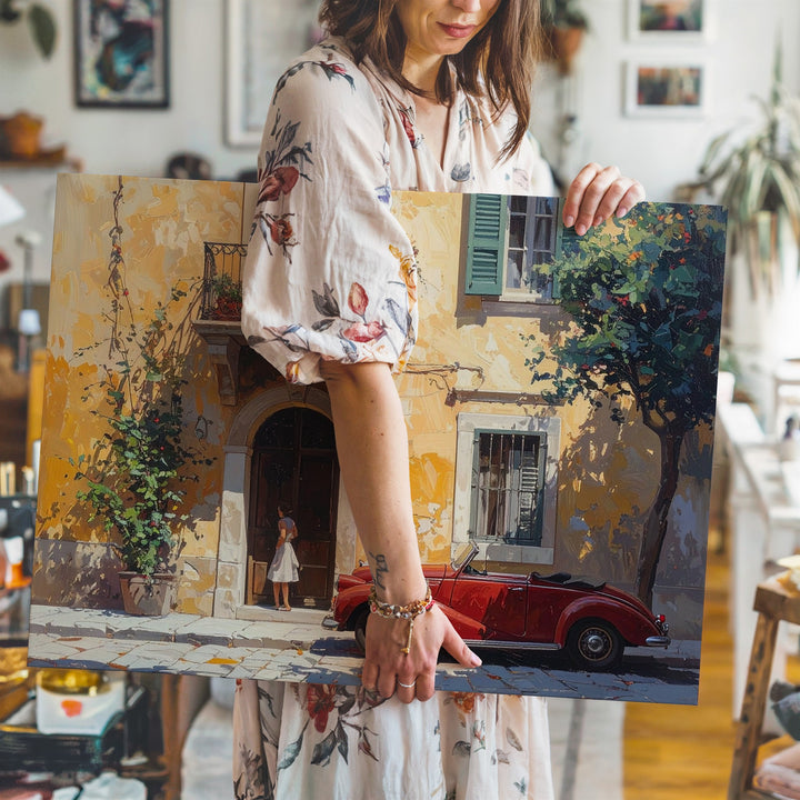 Golden Courtyard Romance Canvas – European Street Scene with Red Convertible - Gifitto