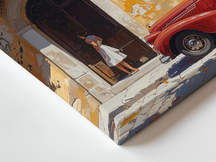 Golden Courtyard Romance Canvas – European Street Scene with Red Convertible - Gifitto