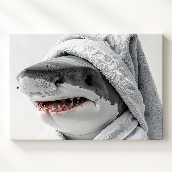 Spa Day Shark Canvas – Whimsical Cartoon Sea Creature Wall Art