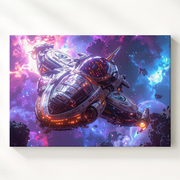Futuristic Spaceship Canvas – Sleek Ship in Bright Nebula - Gifitto