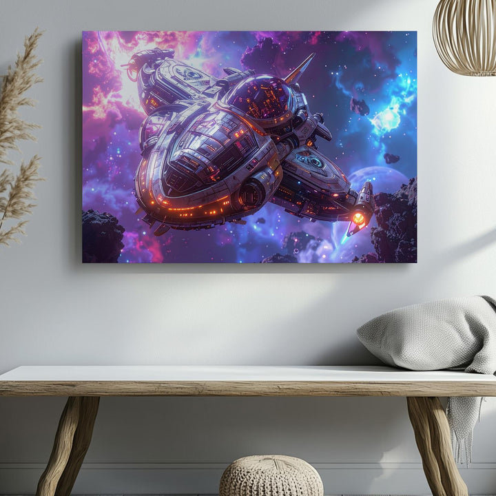 Futuristic Spaceship Canvas – Sleek Ship in Bright Nebula - Gifitto