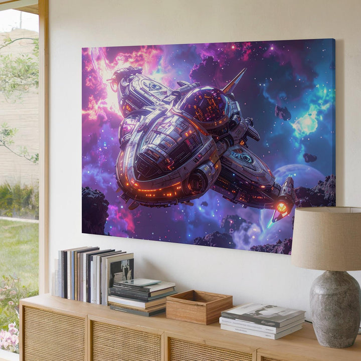 Futuristic Spaceship Canvas – Sleek Ship in Bright Nebula - Gifitto