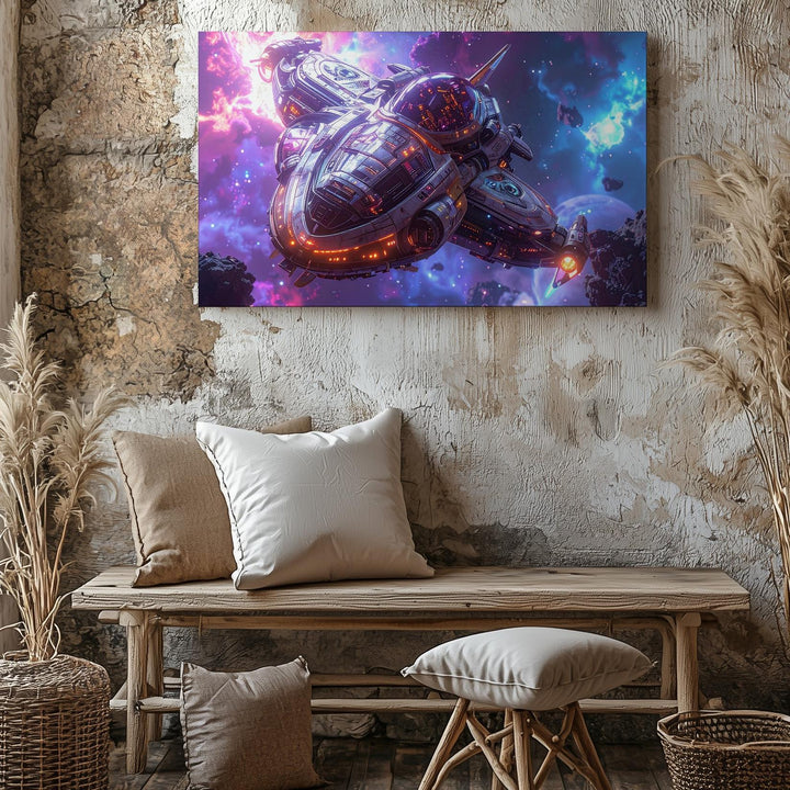 Futuristic Spaceship Canvas – Sleek Ship in Bright Nebula - Gifitto