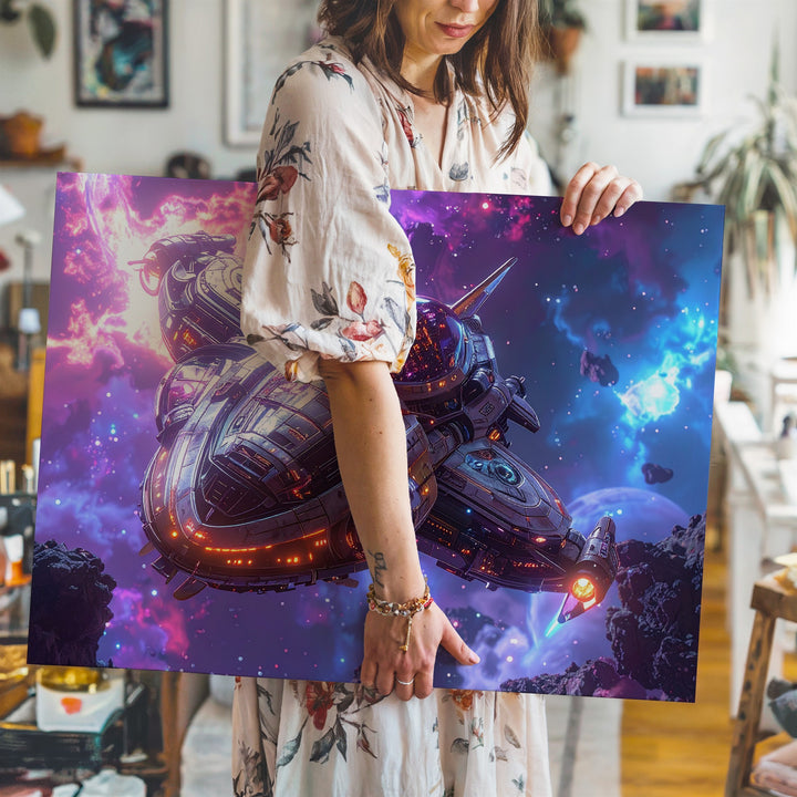 Futuristic Spaceship Canvas – Sleek Ship in Bright Nebula - Gifitto