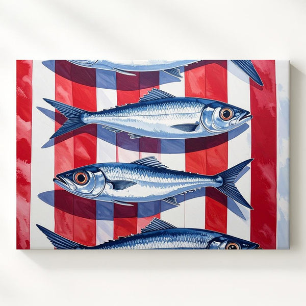 Striped Fish Canvas – Minimalist Mediterranean Wall Art with Silver Fish - Gifitto