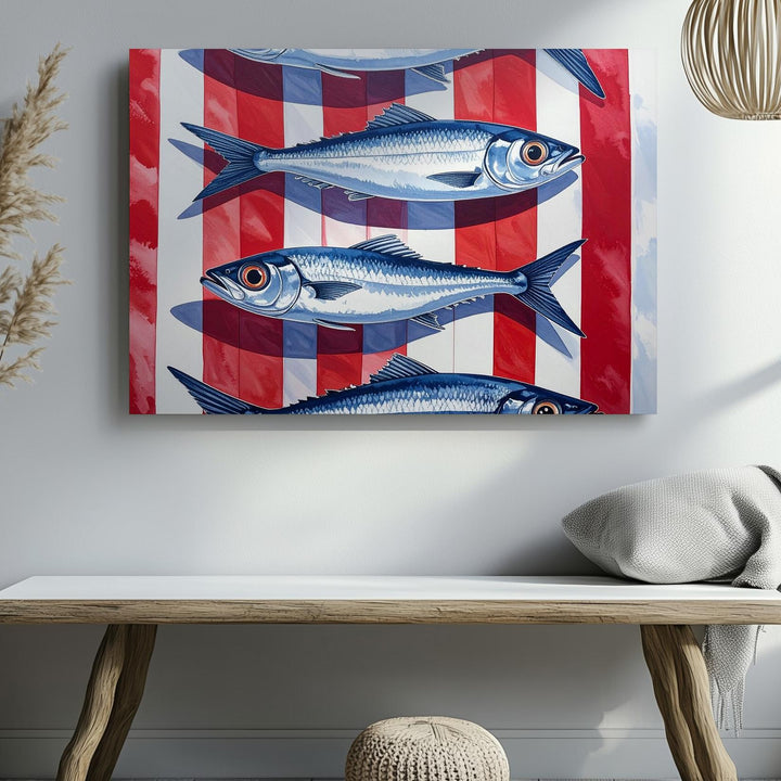 Striped Fish Canvas – Minimalist Mediterranean Wall Art with Silver Fish - Gifitto