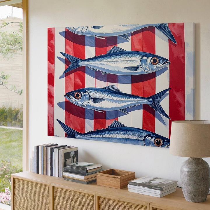 Striped Fish Canvas – Minimalist Mediterranean Wall Art with Silver Fish - Gifitto