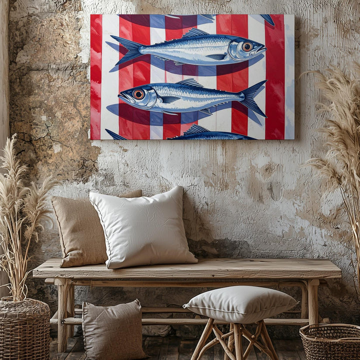 Striped Fish Canvas – Minimalist Mediterranean Wall Art with Silver Fish - Gifitto