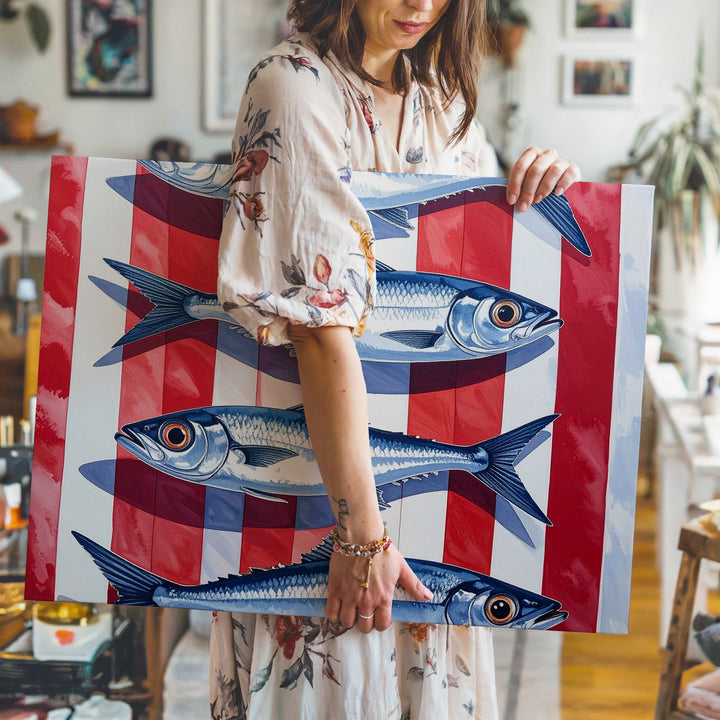 Striped Fish Canvas – Minimalist Mediterranean Wall Art with Silver Fish - Gifitto