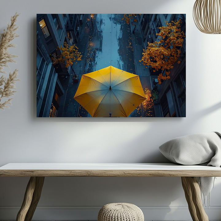 Yellow Umbrella in Rainy Alley Canvas – Cinematic Urban Night Wall Art - Gifitto