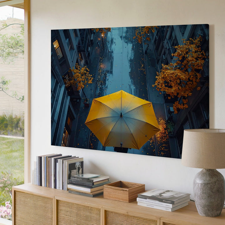 Yellow Umbrella in Rainy Alley Canvas – Cinematic Urban Night Wall Art - Gifitto