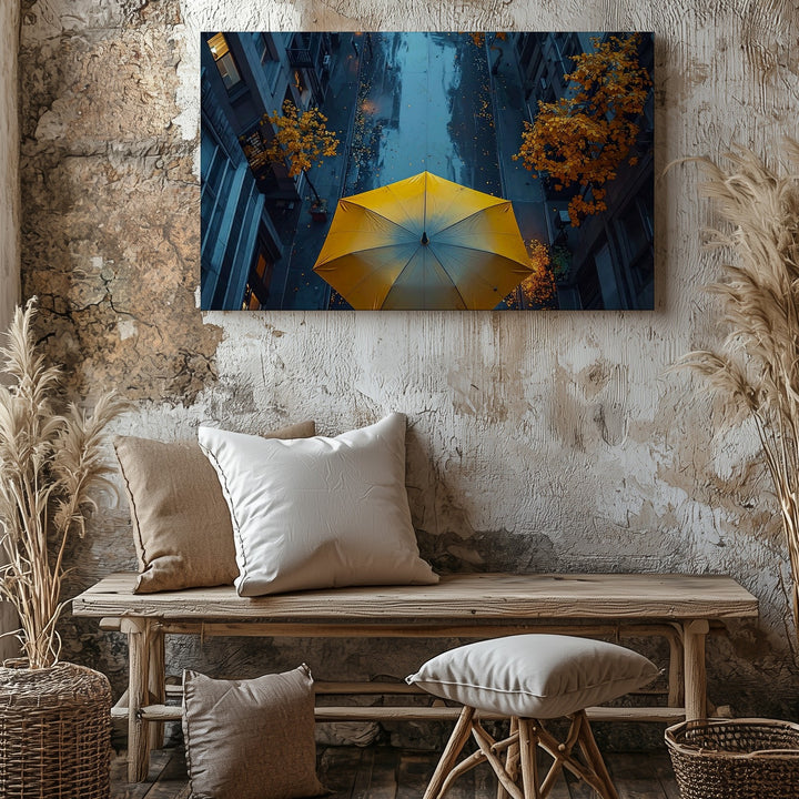 Yellow Umbrella in Rainy Alley Canvas – Cinematic Urban Night Wall Art - Gifitto