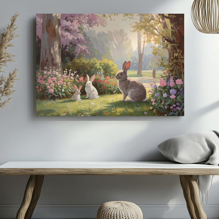 Serene Garden Rabbits Canvas – Tranquil Nature Wall Art - Gifitto