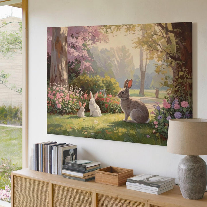 Serene Garden Rabbits Canvas – Tranquil Nature Wall Art - Gifitto