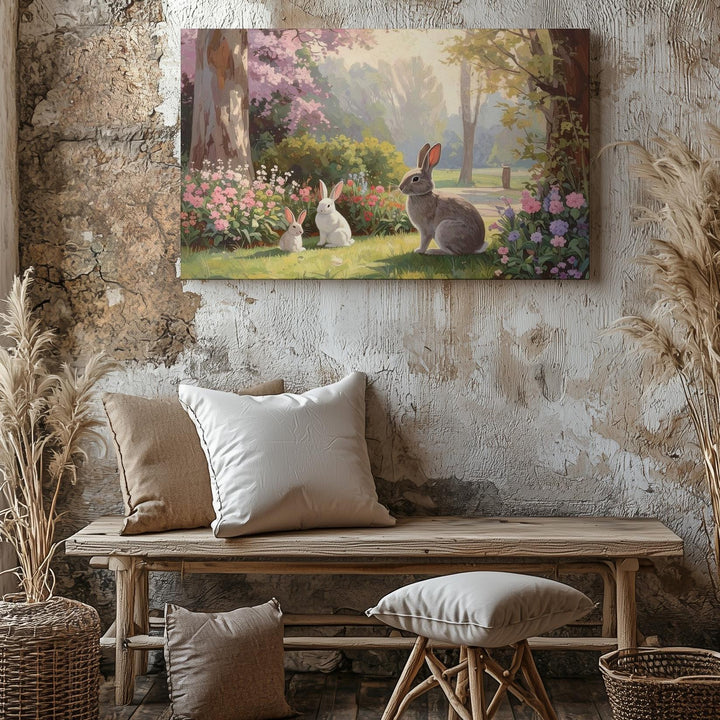 Serene Garden Rabbits Canvas – Tranquil Nature Wall Art - Gifitto