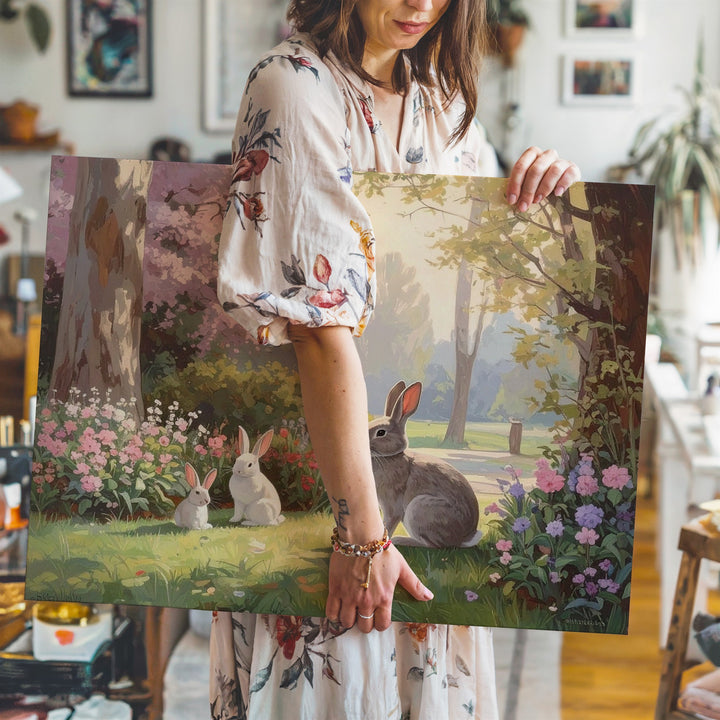 Serene Garden Rabbits Canvas – Tranquil Nature Wall Art - Gifitto