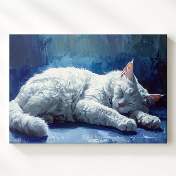 Ethereal White Cat Canvas – Tranquil Floating Feline Art in Dreamy Blues - Gifitto